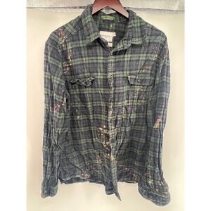 Grinch Bleached Flannel Shirt Mens XL Green Plaid Custom